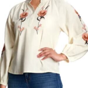 Cotton& Rye Outfitters Embroidered Floral Peasant Blouse Medium Linen Blend